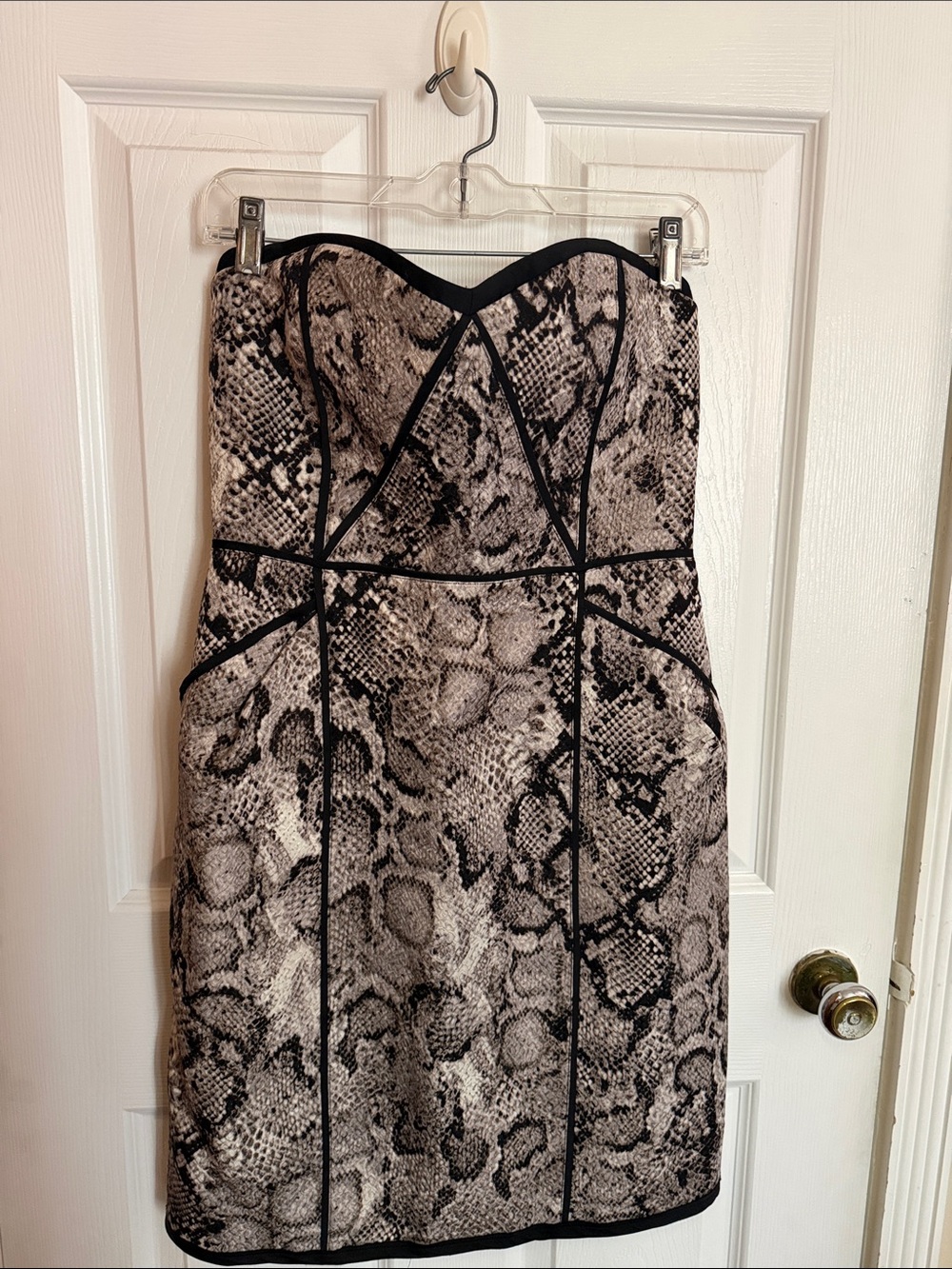 BCBGMaxAzria Strapless Snake-Print Sheath Dress in Black and Gray